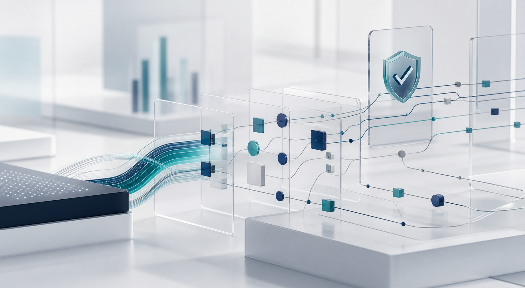 Abstract visualization of structured AI governance and decision flows