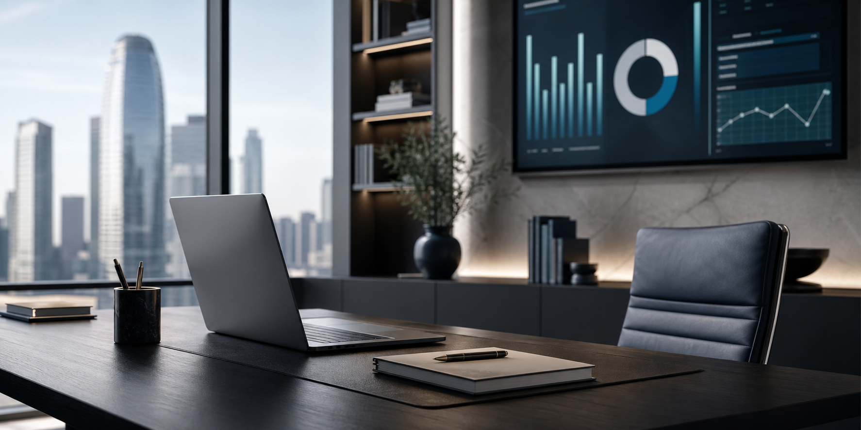Refined executive workspace with skyline view and analytics display